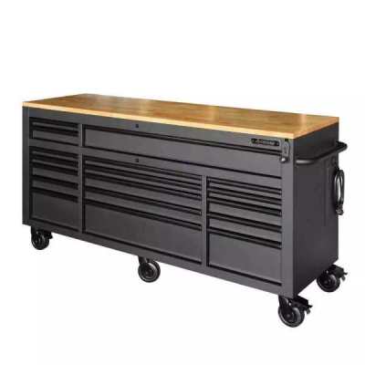 Husky 72 in. 18-Drawer Mobile Workbench with Adjustable-Height Solid Wood Top, Matte Black